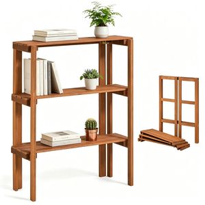 Espositore Portatile a 3 Livelli in Legno Naturale con Design a Doghe per Drenaggio, Organizzatore per Scarpe e Piante da Interno ed Esterno - Product Image 2
