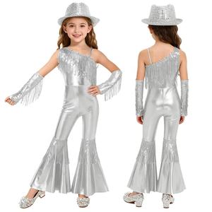6-16 Kids Girls Dance Competition Costumes Jazz Disco Dance Costume Flared Jumpsuit With Gloves And <b>Fedora</b> <b>Hat</b> For Performances - Product Image 3