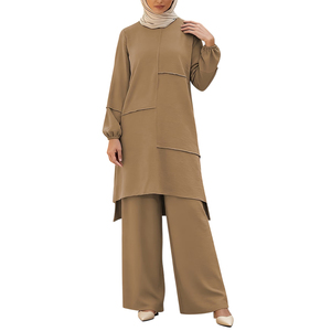 Latest Product Khaki Color <b>Modest</b> Track <b>Set</b> Women Layered Design Long Top and Palazzos Pants Muslim Formal Casual Wear - Product Image 1