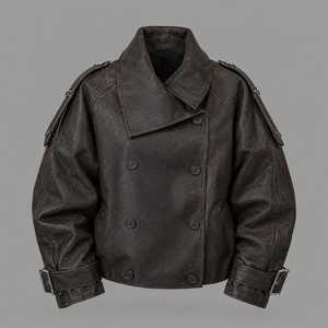 เสื้อแจ็คเก็ตหนังแท้สำหรับผู้หญิง แขนสั้น หนังแกะ คอตั้ง กันลม มีซิป สวมใส่สบายๆ สำหรับฤดูหนาว - Product Image 1