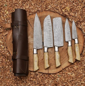 High Carbon Steel Chef <b>Knife</b> Set 5 Piece with <b>Bone</b> <b>Handles</b> Leather Sheath Japanese Style Forged Ambidextrous High-Polish Finish - Product Image 1