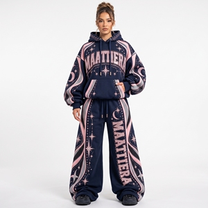 Conjunto Deportivo Azul Marino para Mujer con Estampado de Luna y Estrellas, Sudadera Oversize, Pantalones Anchos y Detalles de Pedrería, Estilo Urbano Personalizado - Product Image 1