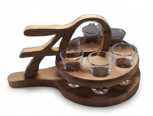 Plateau circulaire à double niveau en bois avec porte-verres, support de rangement minimaliste fait main pour bar et vaisselle de salon - Product Image 5