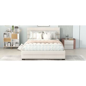 Letto matrimoniale imbottito con piattaforma, letto estraibile singolo e due cassetti beige - Product Image 6