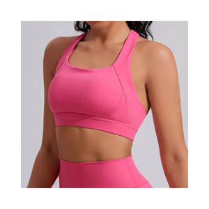 Sujetador deportivo rosa de alto soporte con tirantes anchos y diseño de espalda cruzada para entrenamiento en el gimnasio - Product Image 1