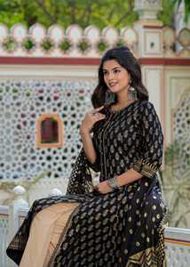 Kurta Anarkali en coton imprimé doré avec dupatta, couleur noire, pour femme, vêtement ethnique d'été pour fêtes et occasions, séchage rapide, recyclé - Product Image 6