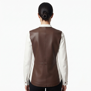 Girls Leather Stand Collar Button <b>Shirt</b> Women's PU Cowhide Front Pockets <b>Shirts</b> Ladies Long Sleeve Leather <b>Shirts</b> - Product Image 2