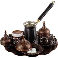 Ensemble à café turc vintage en bronze martelé, comprenant une cafetière Cezve Ibrik, des tasses à expresso et un plateau de service, pour un service de café arabe traditionnel