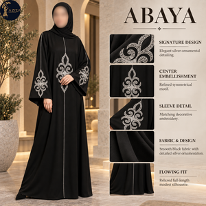 อาบายะห์สีดำประดับลายปักสีเงินพร้อมแขนเสื้อกว้าง |   ชุดเดรสยาวมุสลิมแบบเรียบร้อยสำหรับงานกลางคืนที่เป็นทางการ - Product Image 5