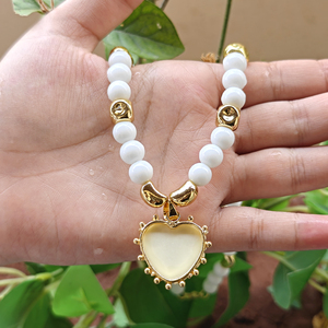 New Arrival Synthetic Ivory and CZ Charm White <b>Beads</b> <b>Necklace</b> Brass 18k Gold Plated Hand Carved Heart Pendant <b>Necklace</b> for Gift - Product Image 6