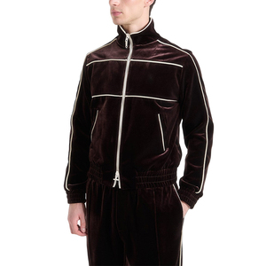 Ensemble de survêtement en velours marron foncé pour homme, 2 pièces, fermeture éclair intégrale, couleur unie, décontracté, avec poches latérales, coupe classique, pour l'automne - Product Image 4
