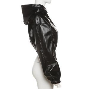 Chaqueta de moto corta de cuero PU para mujer, estilo bomber con cremallera y capucha, abrigo de manga larga - Product Image 4