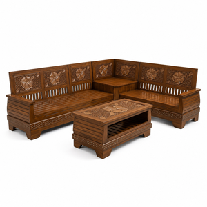 Juego de Sofás Esquineros en Forma de L de Madera Maciza Tallada Tradicional con Mesa de Centro y Patrón Floral para Sala de Estar - Product Image 2