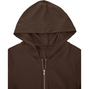 Nouveau haut court côtelé marron à capuche et fermeture éclair pour femme, manches longues, couleur unie, tricoté, respirant, pour l'automne, vente en gros, OEM ODM - Product Image 6