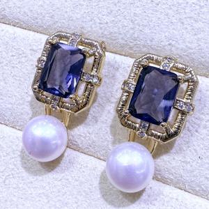 ต่างหูห้อยประดับมุกน้ำจืดสไตล์เรโทรฝรั่งเศส ประดับพลอยสีฟ้าอเมทิสต์รูปดอกไม้ ขายส่งสำหรับผู้หญิง - Product Image 1