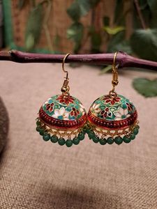 Pendientes de latón Meenakari, hechos a mano, estilo tradicional Jhumka, para mujer, estilo indio, regalo de boda, alta calidad, Ramadán, San Valentín - Product Image 3