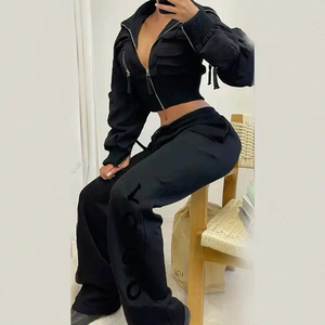 Ensemble de survêtement gris à capuche pour femme, fermeture éclair intégrale, imprimé logo, sweat-shirt décontracté et pantalon coupe ample, streetwear automne, 100% coton - Product Image 4