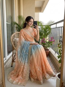Exclusive Fendy <b>Satin</b> Soft <b>Saree</b> 3MM Sequence Border All Jhal Embroidery Lace Border Latkan Stitched Blouse Wrinkle Free Quick - Product Image 5