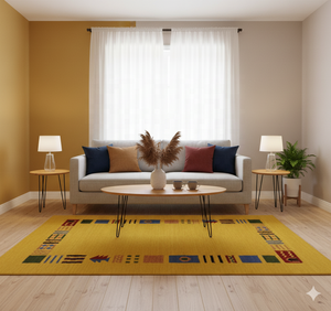 Dhurrie สีเหลืองสดใสขอบทรงเรขาคณิตสำหรับห้องนั่งเล่นถักมือด้วยสัญลักษณ์ชนเผ่าขอบพรมสานเรียบ - Product Image 1