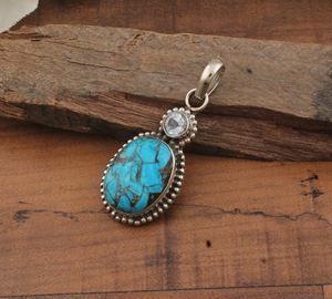 Pendentif en turquoise bleu cuivre naturel, topaze bleue, argent sterling 925 plaqué platine, serti vintage, multi-pierres précieuses - Product Image 2