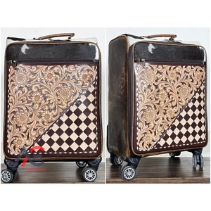 Top Quality Handmade Tooled Floral Hair On Cowhide Leather Travel <b>Suitcase</b> Western Style Rolling Luggage with 360° Spinner Wheel - Product Image 1