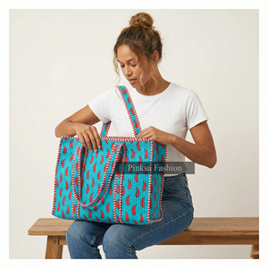 Bolsa de Mano Acolchada de Algodón Hecha a Mano, con Estampado de Bloques de Jaipur, Gran Capacidad, Ecológica, para Compras - Product Image 4