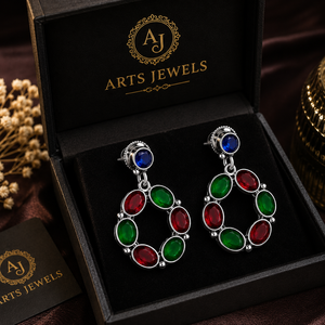 Verified Manufacturer Blue <b>Cat</b> Eye Stone Open Oval <b>Earrings</b> for Women | Oxidized Silver Brass Statement Jewelry Bulk Supplier - Product Image 5