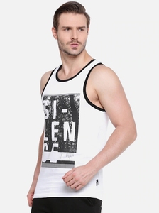 Men's White Cotton Tank Top With Black Trim And Front Letter Print Casual Sleeveless O-Neck Design Breathable Knitted Style - Product Image 6