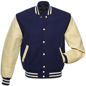 <b>Men's</b> Navy <b>Cream</b> Varsity <b>Jacket</b> Casual Turn-down Collar Polyester Cotton Solid Color Button Closure Autumn Wear - Product Image 1
