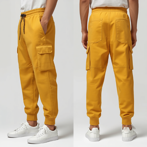 Pantalon de jogging cargo jaune pour homme, taille mi-haute, élastique, respirant, multi-poches, décontracté, en toile, pour l'automne - Product Image 2