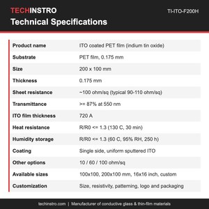 ฟิล์ม PET ITO 200x100 มม. 100 โอห์ม/ตร.ม. ฟิล์มนำไฟฟ้าแบบยืดหยุ่นโปร่งใสสำหรับการวิจัยอิเล็กโทรโครมิก ป้องกันไฟฟ้าสถิต และเซ็นเซอร์ - Product Image 3