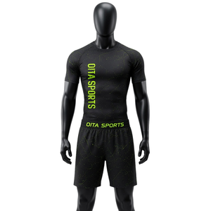 <b>Black</b> Neon Green Men Compression <b>T</b> <b>Shirt</b> and Shorts Set Breathable Stretch Fitness Gym Training Running Athletic Sportswear - Product Image 1