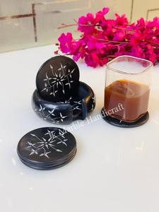 Handcrafted Marble Soapstone <b>Coaster</b> Set of 6 with Religious Style Holder and Circular Pattern - Product Image 4