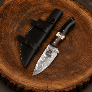 Couteau de chasse artisanal en acier Damas, avec manche en corne et bois, étui en cuir, couteau de camping en plein air - Product Image 6