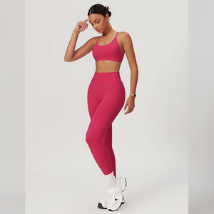 Seamless Yoga Set 2 Piece High Waist <b>Crop</b> <b>Top</b> Full Length Leggings Solid Color Pink Sport Wear for Women - Product Image 3