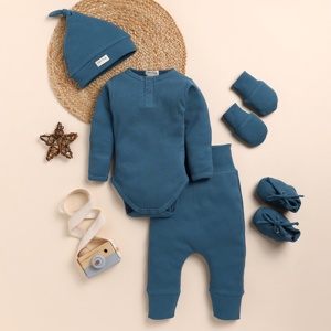 Premium Quality Organic Bamboo Elastane Pack of 5 <b>Baby</b> Clothing <b>Sets</b> with Beanie Denim - Product Image 1