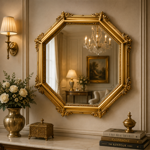 Espejo de Pared Octogonal de Madera Tallada a Mano, Acabado Dorado Antiguo, Espejo Decorativo Geométrico, Adorno de Lujo para el Hogar - Product Image 1