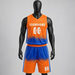 Ensemble de maillots de basket-ball athlétiques personnalisés en polyester 100% sublimé, dégradé orange et bleu, col en V, sans manches, évacuation de l'humidité, élastique - Product Image 1