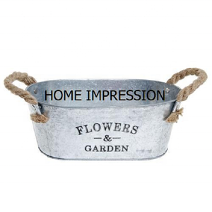 Jardinière antique galvanisée argentée Nouveau planteur moderne de concepteur avec deux poignées faites de corde Grande jardinière faite à la main de style unique - Product Image 1