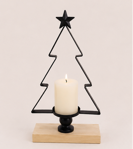 Antique Christmas Decoration Tea Light Candle Holder Premium Iron <b>Stand</b> With Wooden Base Featuring Christmas <b>Tree</b> Design Holder - Product Image 1