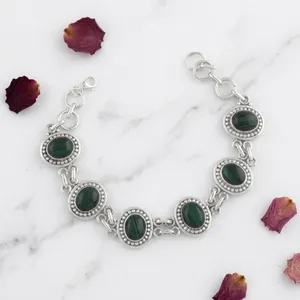 Pulsera de Plata de Ley 925 con Malaquita para Mujer, Engaste Ovalado, Cadena de Eslabones, Joyería Clásica Vintage - Product Image 1