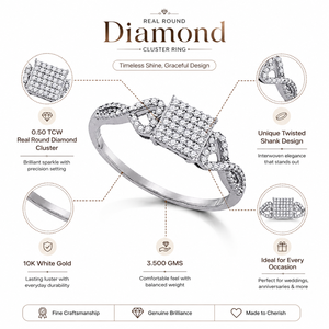 Bague à grappe de diamants ronds véritables de 0,50 TCW en or blanc 10 carats |   Bague de mariage carrée sertie de pierres pour femme, bijou élégant, cadeau raffiné - Product Image 5