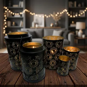 Matte Black Metal Candle <b>Lantern</b> With <b>Gold</b> Dot Pattern Cylinder Home Decoration - Product Image 5