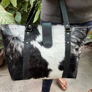 Portable Hair On Hide Leather <b>Tote</b> <b>Bag</b> Genuine Leather Zipper Closure <b>Vintage</b> Large Capacity <b>Bag</b> - Product Image 1