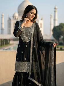 Traje Sharara de Lujo Estilo Pakistaní – Kurta de Seda GMY Bordada de Manga Larga con Trabajo de Espejos para Fiestas y Eventos Festivos - Product Image 3