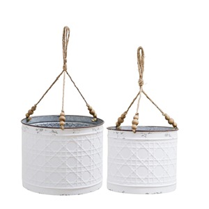 Pots à fleurs suspendus en métal rustique blanc avec corde perlée, motif carré, finition galvanisée pour usage intérieur et extérieur - Product Image 3