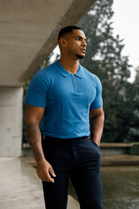 เสื้อโปโลแขนสั้นผู้ชายสีน้ำเงินทรงสลิมฟิตสีทึบสไตล์สมาร์ทแคชชวล - Product Image 3