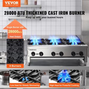 Fornello da Banco Commerciale in Acciaio Inox con 6 Bruciatori a Gas, Piastra Riscaldante a Propano/Gas Naturale, Attrezzatura da Cucina Professionale - Product Image 2