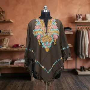 Handmade Kashmir Floral Embroidered Poncho Shawl Soft Wool <b>Winter</b> Wrap for Women Traditional Kashmir Aari <b>Work</b> Wool Poncho Cap - Product Image 4