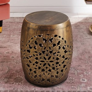Asian Antique Metal Drum Coffee Table 14x18 Inch Carved Openwork Side Accent Table <b>for</b> Living Room - Product Image 4